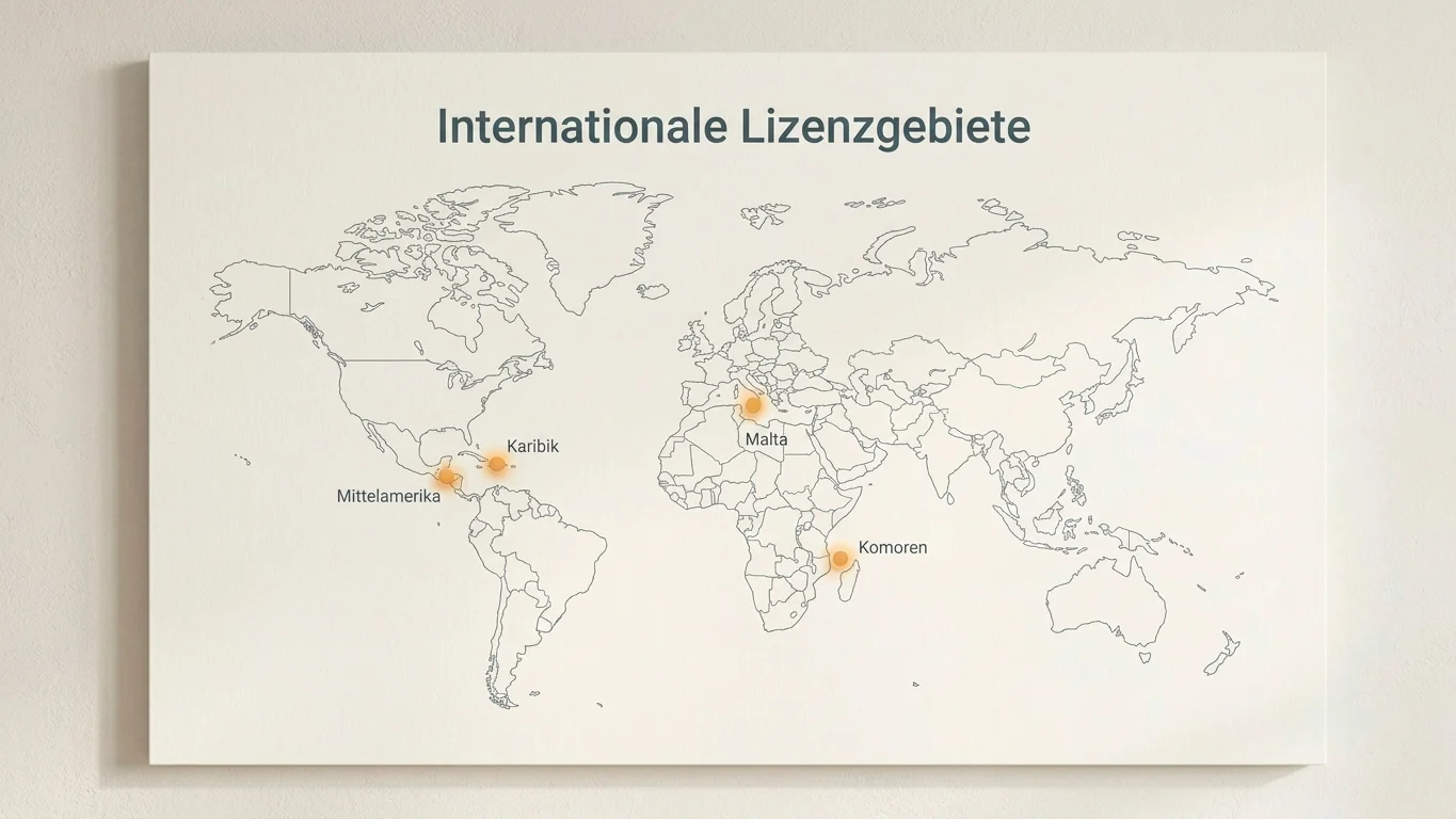 Weltkarte mit hervorgehobenen Glücksspiel-Lizenzstandorten Curaçao, Anjouan, Malta und Costa Rica